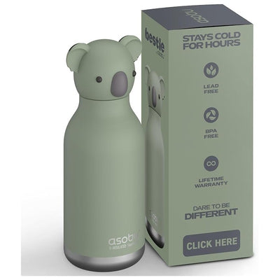 Green koala-shaped stainless steel water bottle by Asobu next to packaging highlighting features like BPA-free and lifetime warranty.