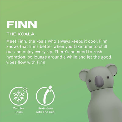 Stainless steel water bottle with a koala design, featuring a silicone head and text about its cooling properties and features.