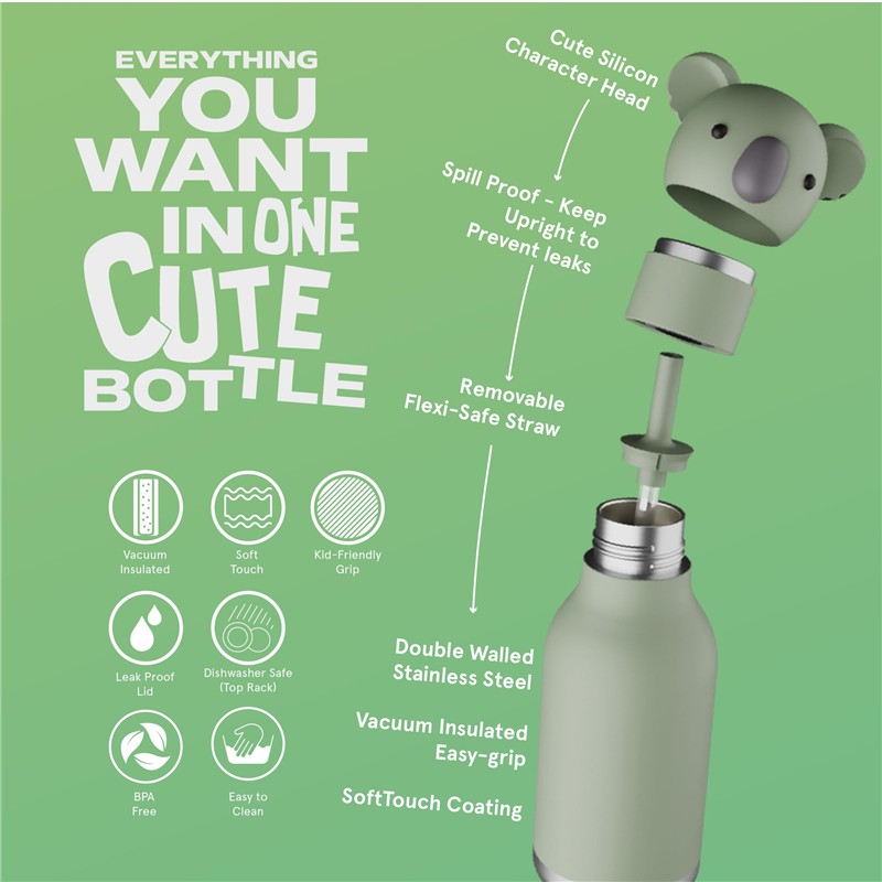 Asobu Stainless Steel Bottle Silicone Head Koala - Green Image 3