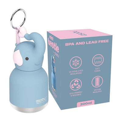 Stainless steel bottle with a silicone elephant head, includes packaging highlighting features like BPA-free and 24-hour insulation.