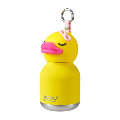 Stainless steel bottle designed as a mini yellow duck, featuring a pink silicone head and a keychain attachment.