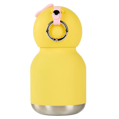 Stainless steel bottle designed as a mini yellow duck, featuring a silicone head and a metal ring for attachment.