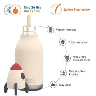 Stainless steel bottle with silicone rocket head, features vacuum insulation, flexi-straw, and triple insulation for temperature control.
