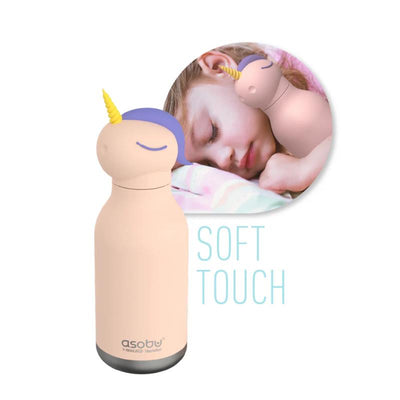 Stainless steel bottle with a soft silicone unicorn design, featuring a smiling face and a yellow horn, beside a sleeping child.