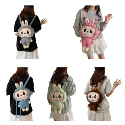 Auraquise - Kids Girls Labubu Soft Plush Backpack Large-Capacity Character Doll Bag Hot Pink Image 2