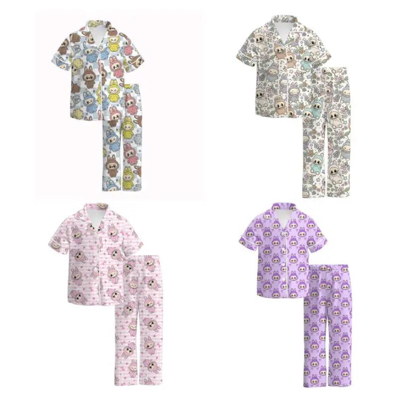 Auraquise - Labubu Print Fall Pajama Set Soft & Cozy Short Sleeve + Long Pants, White Image 2