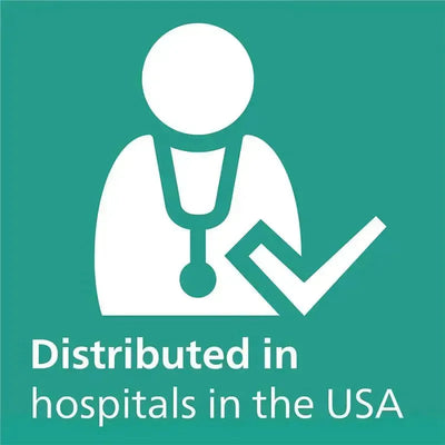 Distributed in hospitals in the USA, featuring a doctor’s silhouette and a check mark icon on a turquoise background.