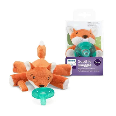 Avent Soothie Snuggle featuring a plush fox design with a green pacifier, suitable for infants 0 months and older.