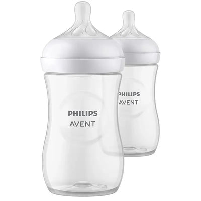 Two clear 11oz baby bottles from Philips Avent featuring natural response nipples and a curved design.