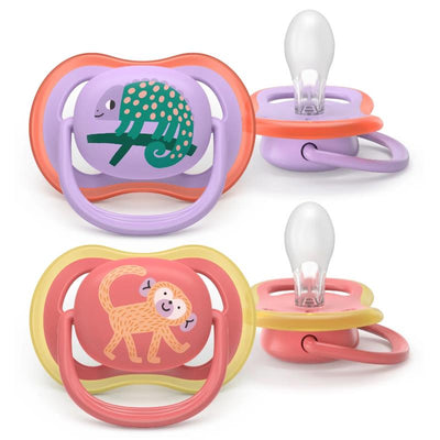 Avent 2-pack ultra air pacifiers featuring a chameleon and monkey design, suitable for ages 18 months and older.