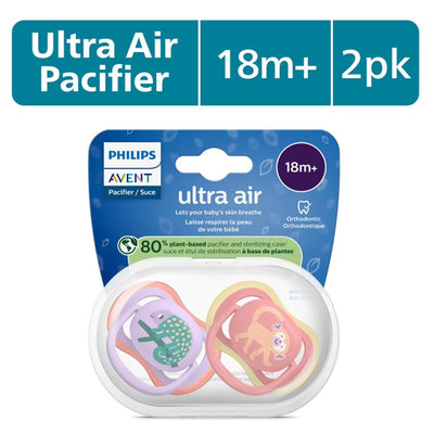 Avent Ultra Air Pacifier 2-pack for 18 months and older, featuring chameleon and monkey designs, with plant-based materials.