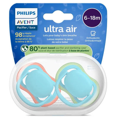Avent 2Pk Ultra Air Pacifier for ages 6-18 months, featuring a blue and green design with a sterilizing case.