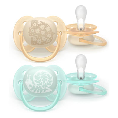 Avent 2Pk Ultra Soft Pacifiers for 0-6 months, featuring a beige bird design and a teal snail design.