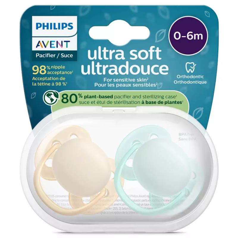 Avent 2Pk Ultra Soft Pacifier 0-6M, Sand/Pale Mint Image 2