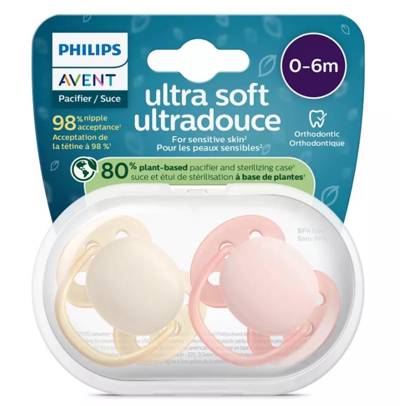 Avent 2Pk Ultra Soft Pacifier 0-6M, Sand/Soft Blossom Image 2