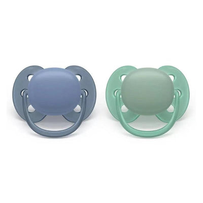 Avent 2Pk Ultra Soft Pacifiers in blue and desert green, designed for infants aged 6-18 months.