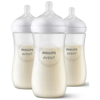 Three Philips Avent 11oz baby bottles with clear bodies and white nipples, designed for natural feeding.
