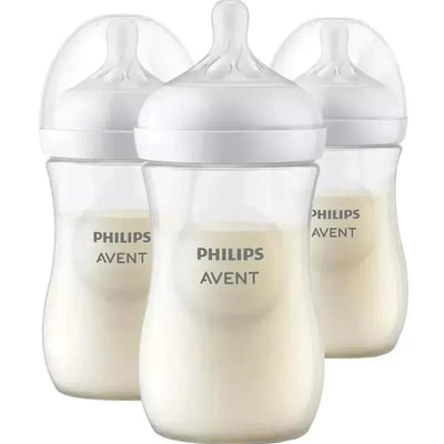 Three clear Avent baby bottles with natural response nipples, each holding 9 oz, displayed together.