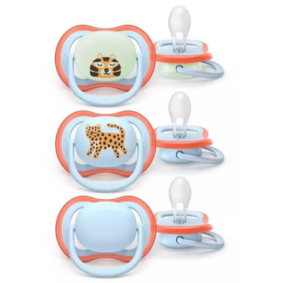 Three Avent pacifiers designed for ages 6-18 months feature animal designs: a sleeping tiger, a leopard, and a plain blue design.