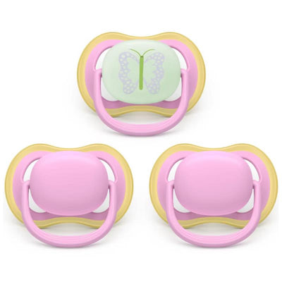 Avent 3-pack ultra air pacifiers for ages 6-18 months in quiet pink and butterfly design, featuring soft silicone teats.