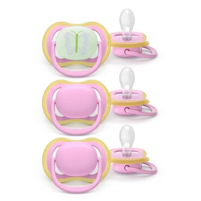 Avent 3Pk Ultra Air Pacifier designed for 6-18 months, featuring quiet pink and butterfly designs.