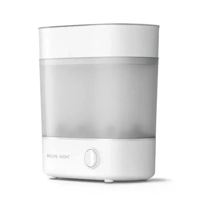 Advanced Electric Steam Sterilizer by Avent, featuring a sleek white design and a front control knob.