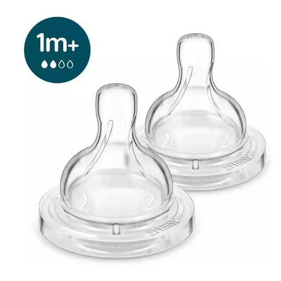 Two clear slow-flow nipples designed for Avent anti-colic baby bottles, suitable for infants 1 month and older.