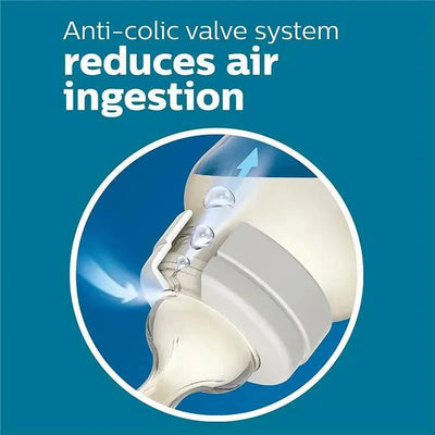 Anti-colic valve system reduces air ingestion, demonstrating how the Avent 2Pk Anti-Colic Baby Bottles operate.