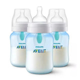 Three Philips Avent 9-ounce anti-colic baby bottles with blue accents and an Airfree vent feature, designed to reduce colic.