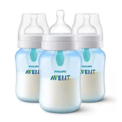 Three Philips Avent 9-ounce anti-colic baby bottles with blue accents and an Airfree vent feature, designed to reduce colic.