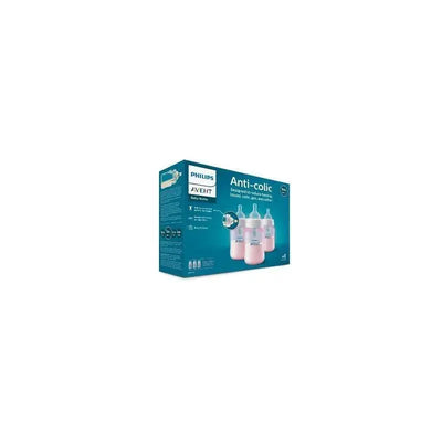 Avent 3-pack anti-colic baby bottles in pink, featuring Airfree vent technology, designed to reduce colic and fussiness.