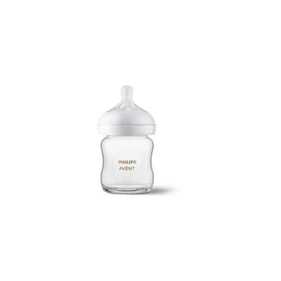 Glass baby bottle by Philips Avent, 4oz, featuring a natural response nipple and clear design.