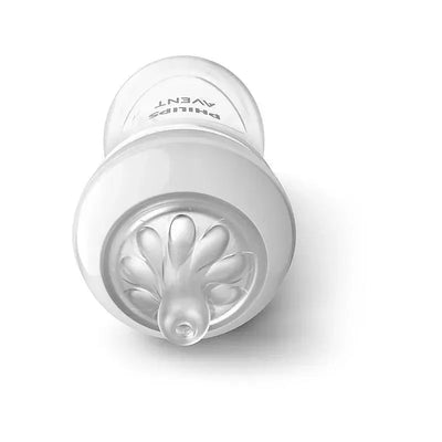 Avent 9oz natural baby bottle with Natural Response nipple, featuring a soft, clear body and a textured base.