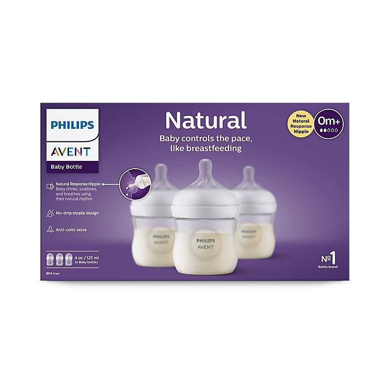 Avent - 3pk Natural Baby Bottle with Natural Response Nipple, Clear, 4oz