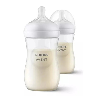 Two 9-ounce Philips Avent baby bottles with natural response nipples, featuring clear bodies and white caps.