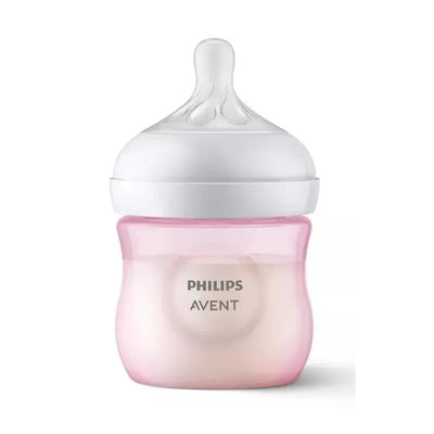 Avent 3-pack natural baby bottle in pink with a natural response nipple, 4oz capacity, featuring the Philips Avent logo.