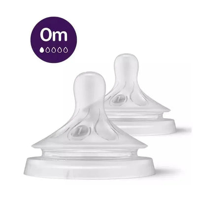 Avent 2-pack natural response nipples, flow 1, clear silicon design with numbered markings for easy identification.