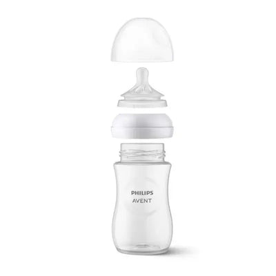 Avent Natural Response Nipple and bottle components displayed separately, featuring clear plastic and white details.