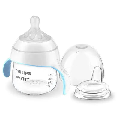 Avent 5oz natural trainer sippy cup with soft spout, fast flow nipple, and removable lid, featuring blue handles.