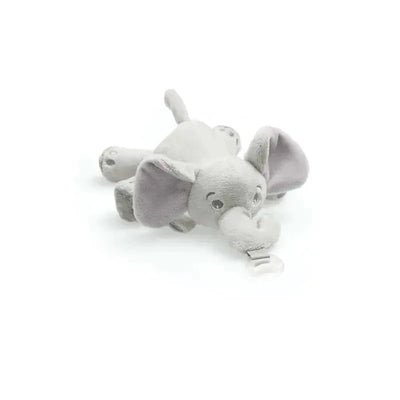Gray elephant plush toy with large ears and a pacifier attached, designed for infants 0M+.