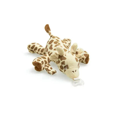 Soft giraffe plush toy with a pacifier holder, designed for infants 0 months and up.