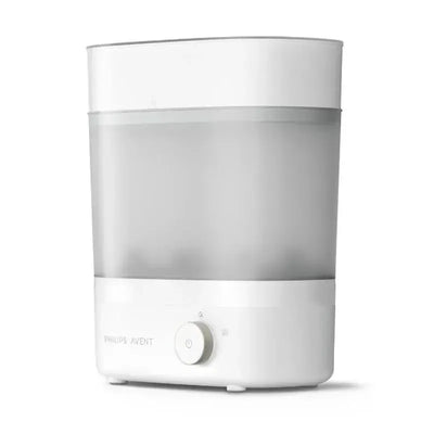 Premium electric steam sterilizer with dryer by Philips Avent, featuring a transparent container and control dial.