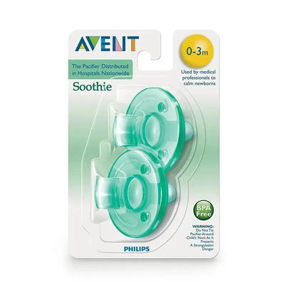 Avent Soothie pacifiers in green, designed for newborns 0-3 months, BPA free, packaged with safety warnings.