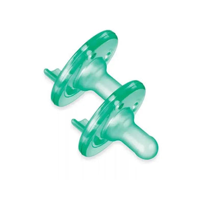 Avent Soothie pacifiers in green, designed for infants aged 3 months and older, featuring a rounded shape and silicone material.