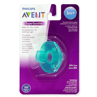 Avent Super Soothie pacifier in green, suitable for babies 3 months and older, BPA free with multilingual packaging.