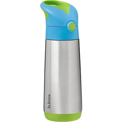 Insulated drink bottle with a stainless steel body, blue cap, and green base, labeled B.box.