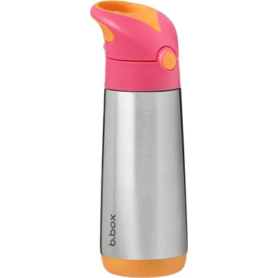 Insulated drink bottle with a stainless steel body, pink lid, and orange base labeled as B. box, 16.9 ounces.