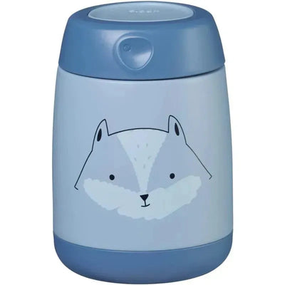 Insulated food jar in a light blue color featuring a friendly fox design, ideal for keeping snacks warm or cold.