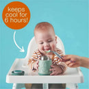 B.box Friendly Fox Insulated Food Jar Mini, featuring a baby in a high chair, being fed with a spoon, while text indicates it keeps cool for 6 hours.