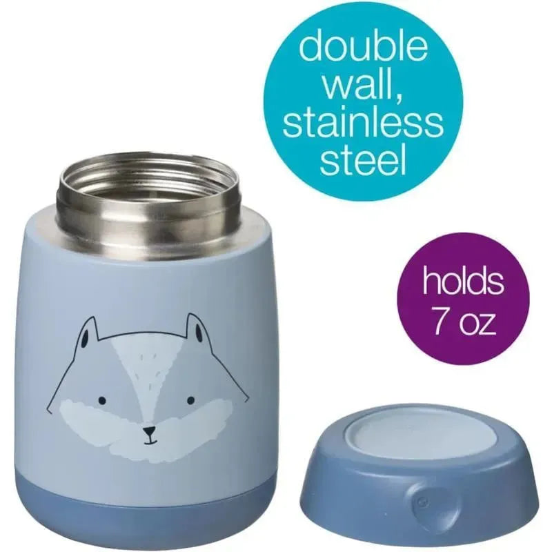 Insulated food jar featuring a friendly fox design, made of double-wall stainless steel, holds 7 oz.